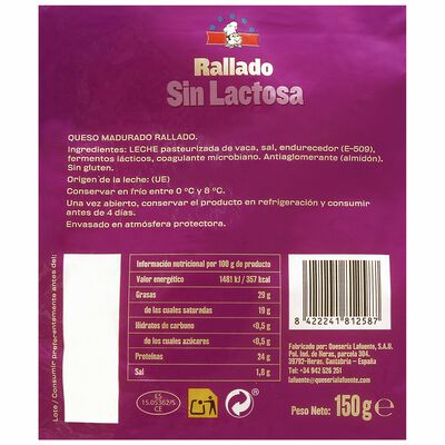 Queso rallado sin lactosa La Taper&iacute;a 200g