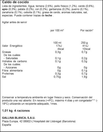 Caldo casero Gallina Blanca 1l cocido 100% natural