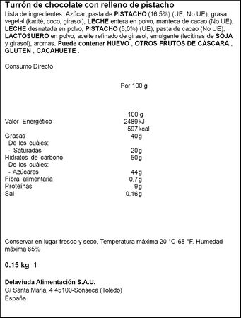 Turr&oacute;n de chocolate con leche con pistacho El Almendro 150g