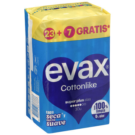 Compresas con alas cottonlike Evax 23+7 unidades super plus