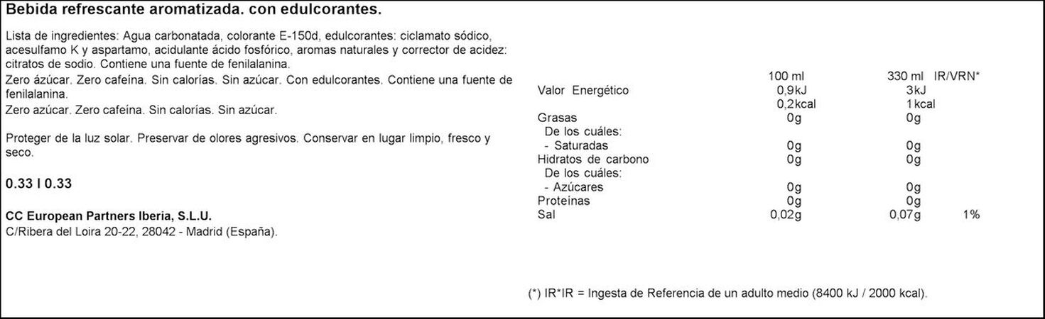 Refresco cola Coca-Cola lata 33cl zero zero sin cafeína