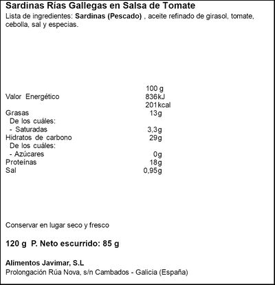 Sardinas de las Rias Gallegas en salsa de tomate Javimar 85g