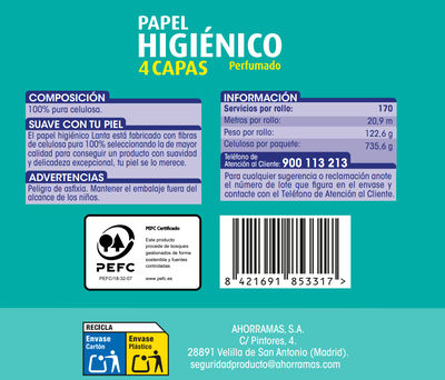 Papel higi&eacute;nico Lanta 6 rollos 4 capas perfumado