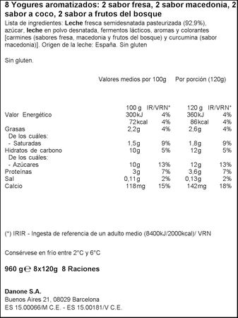 Yogur Danone pack 8 fresa coco macedonia frutos bosque