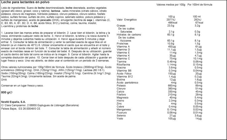Leche infantil en polvo Nativa 1 Nestlé 800g