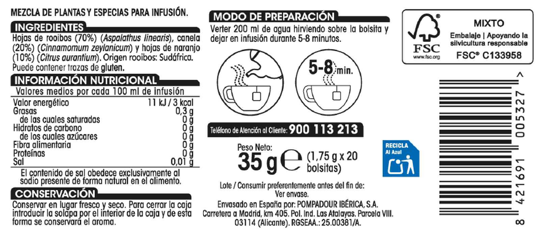 Infusión Alipende 20u rooibos canela y naranja
