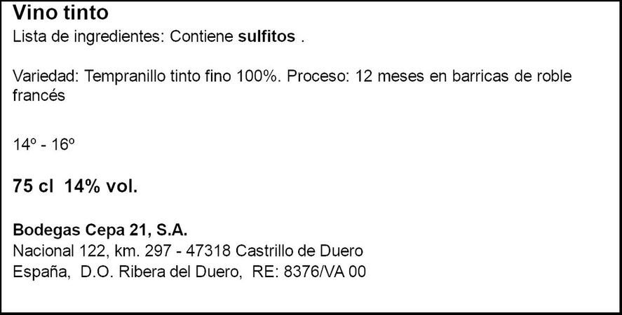 Vino tinto DO Ribera del Duero Cepa 21 cosecha