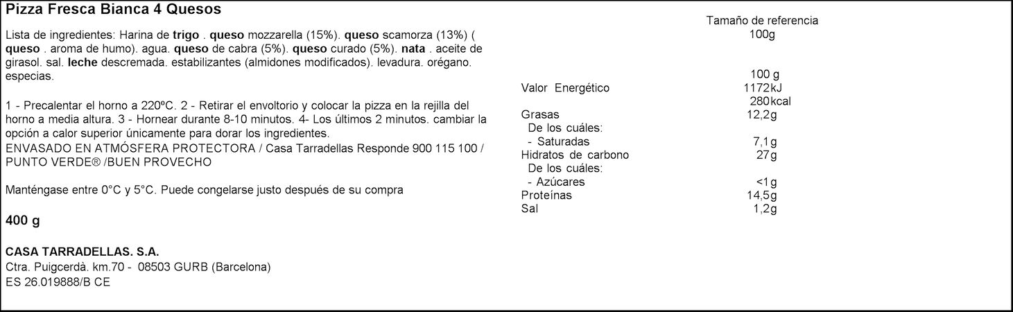 Pizza bianca Casa Tarradellas 400g 4 quesos