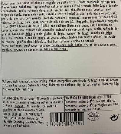 Macarrones a la boloñesa + nuggets de pollo 4U Bo de Debo