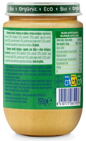 Alimento infantil ecol&oacute;gico con verduras alubias y ternera Hero 190 g