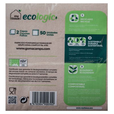 Servilletas ecol&oacute;gicas My Tissue 50 uds nature 100% recicladas