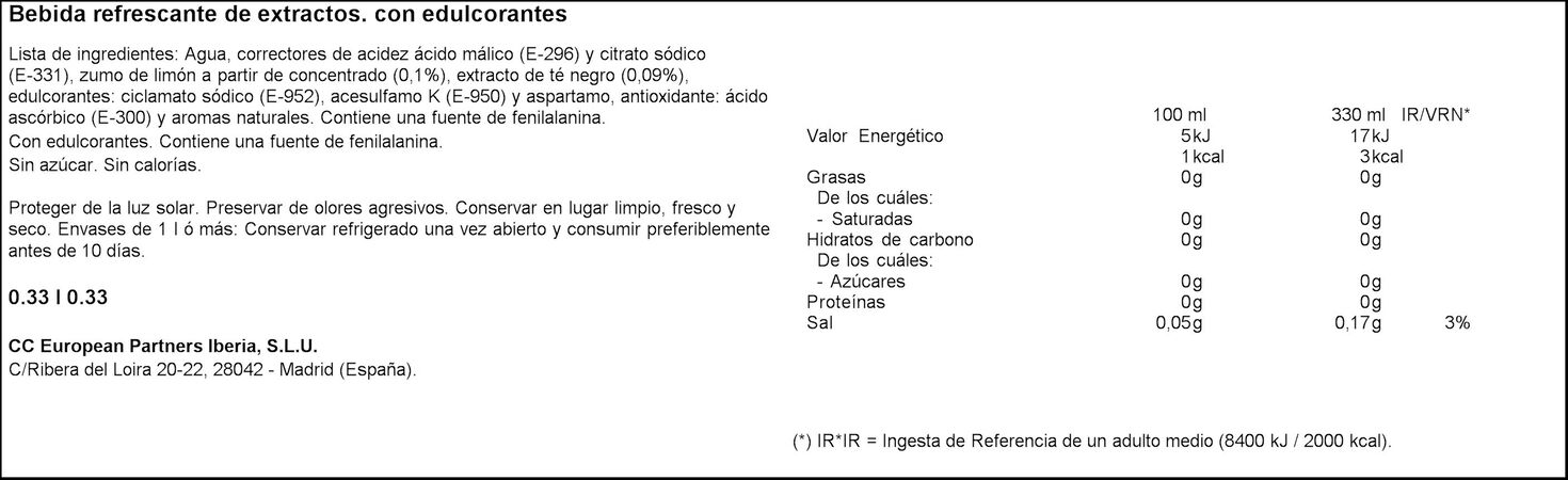 Refresco té negro Nestea sin azúcar lata 33cl limón