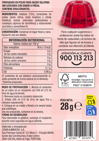 Preparado de gelatina sabor fresa sin az&uacute;car Alipende 28g