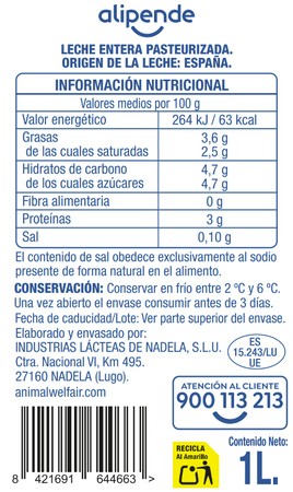 Leche Fresca Alipende Botella 1L Entera