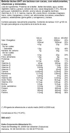 Bebida l&aacute;ctea sin lactosa sabor chocolate &Ntilde;am Kaiku 500 ml