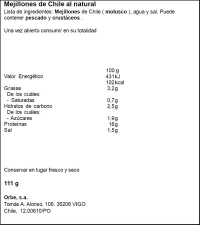 Mejillones de Chile al natural Orbe 69g