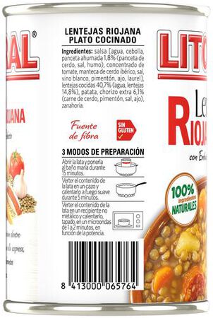 Lenteja riojana Litoral 425g con ingredientes naturales