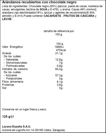 Arándanos naturales sin gluten con chocolate negro Lacasa 125g