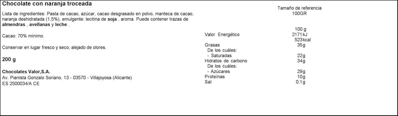 Chocolate negro 70% de cacao naranja s/gluten Valor 200g