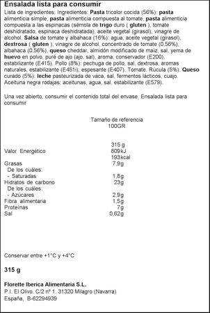 Ensalada pasta y r&uacute;cula con pollo y queso Florette 325g