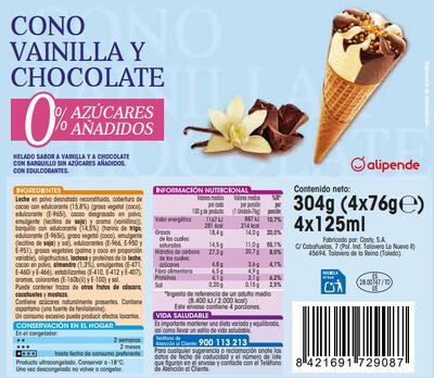 Helado cono sin az&uacute;car Alipende 4 uds vainilla-choco