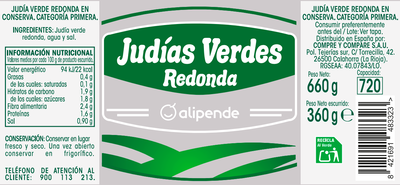 Jud&iacute;a verde redonda sin gluten Alipende 360g