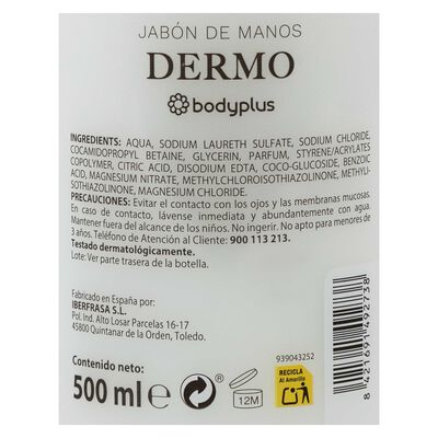 Jab&oacute;n de manos con dosificador Bodyplus 500ml dermo