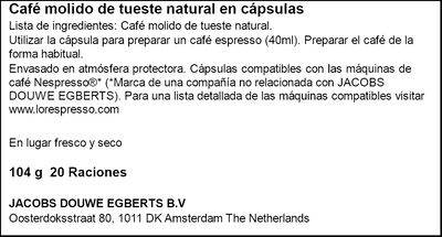 Café espresso sontuoso intensidad 8 L´or 20 cápsulas