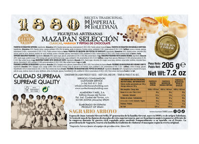 Mazap&aacute;n 1880 205g Selecci&oacute;n cl&aacute;sicas, naranja y pepitas de chocolate
