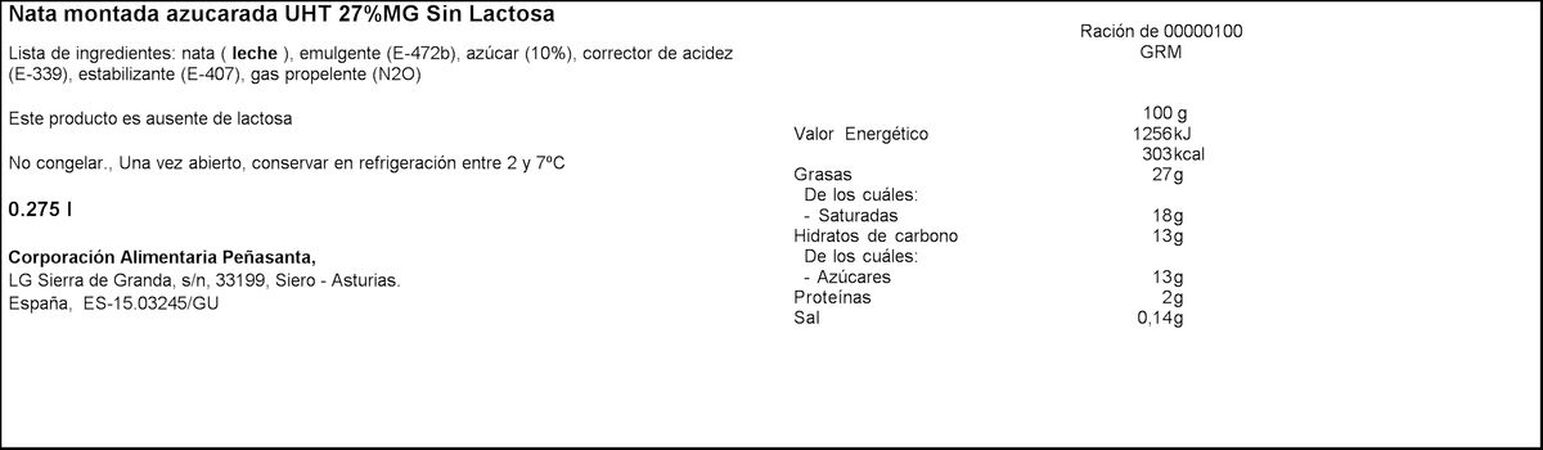 Nata montada azucarada sin lactosa Asturiana spray 250g