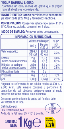 Yogur griego ligero natural estilo cremoso Alipende 1kg