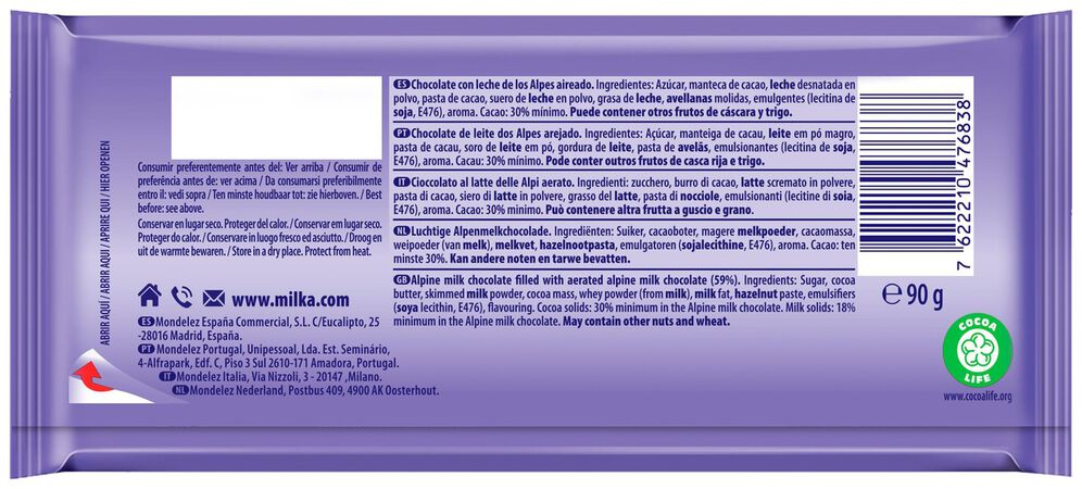 Chocolate con leche Milka 90g bubbly