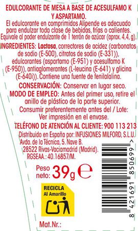 Edulcorante aspartamo Alipende 650u en comprimidos