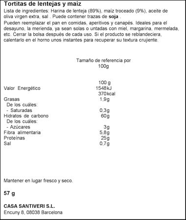 Tortitas de maíz con lentejas 25% de proteína Santiveri 57g