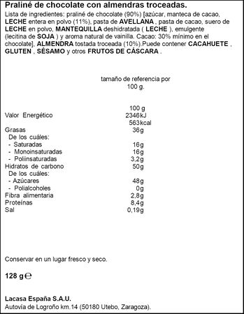 Láminas de praliné de chocolate con almendras Lacasa 128g