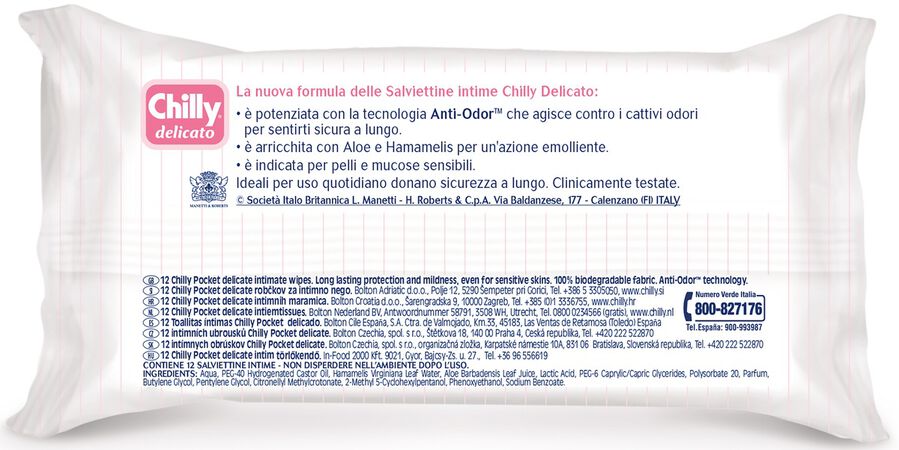 Toallitas íntimas desechables Chilly 12 uds delicado fórmula suave