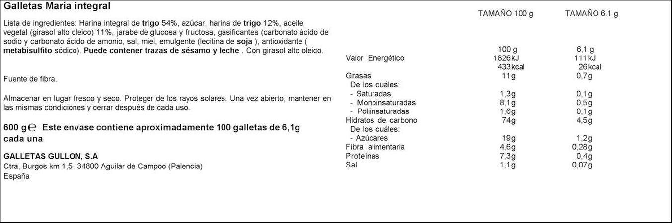 Galleta maría integral Gullón 600g