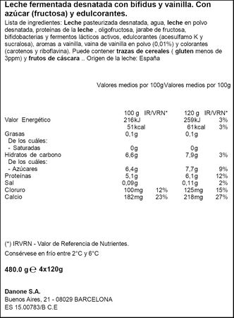 B&iacute;fidus Activia desnatado 0% materia grasa pack 4 vainilla