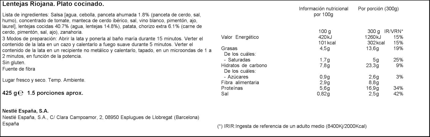 Lenteja riojana Litoral 425g con ingredientes naturales