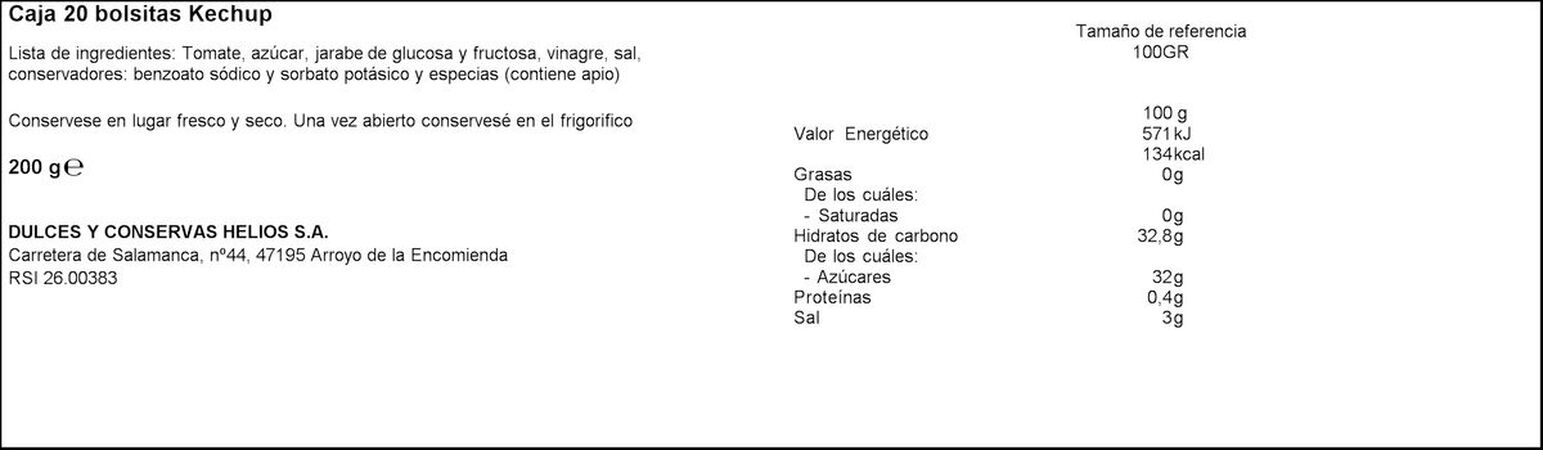 Ketchup Helios 20 bolsitas individuales