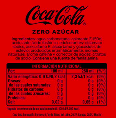 Refresco de cola zero az&uacute;car Coca-Cola lata 50cl