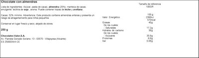 Chocolate puro almendras Valor 250g