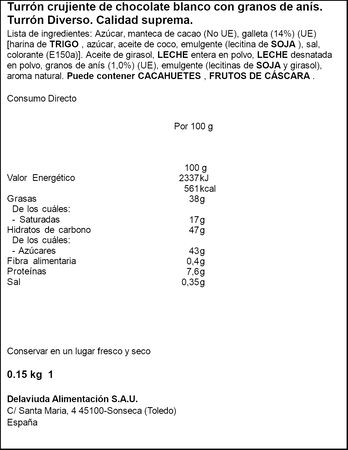 Turrón crujiente de chocolate blanco sabor a torta de Ines Rosales Delaviuda 150g