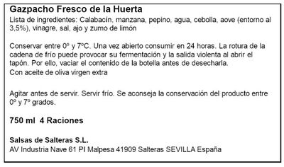 Gazpacho fresco garc&iacute;a mill&aacute;n de la huerta 750 ml