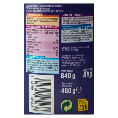 Melocotón en almibar ligero Alipende 480g en mitades