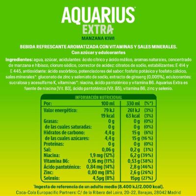 Bebida isot&oacute;nica extra lata sabor manzana y kiwi Aquarius 33cl