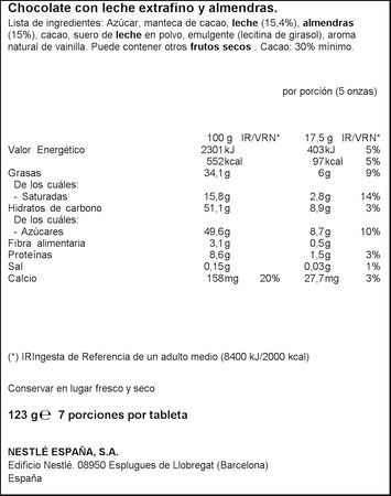 Chocolate con leche Nestl&eacute; 123g con almendras