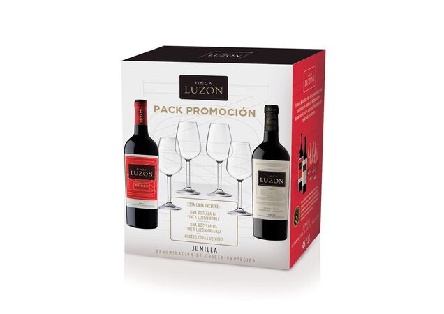 Estuche dos botellas vino tinto DO Jumilla Finca Luzón + 4 copas