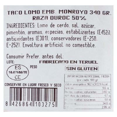 Taco de lomo embuchado raza duroc Monroyo pieza 340g aprox