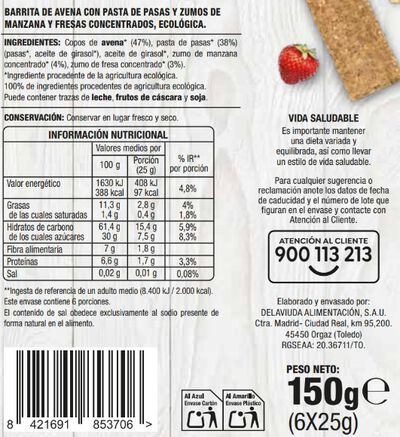 Barrita de avena eco sabor fresa y manzana Alipende 150g
